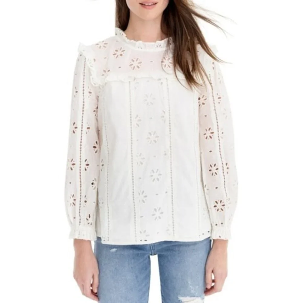 White J. Crew Eyelet Ruffle Trim Blouse Top (NWT)